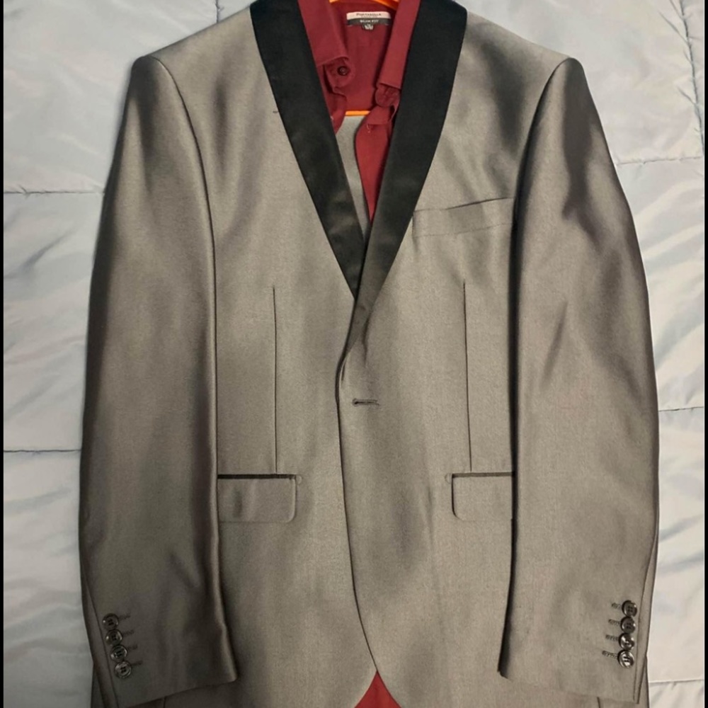 Italian suit authentic grey color with red shirt underneath.Brand Lorenzo Bruno